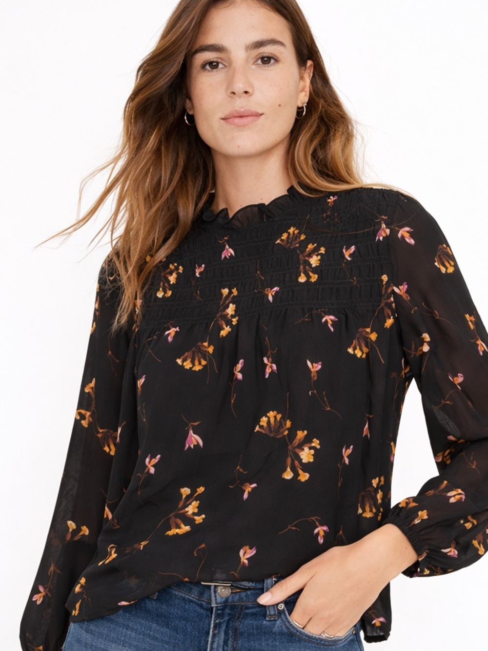 Madewell Black Floral Smocked Blouse Sheer Ruffle Neck Size XS Boho Romantic